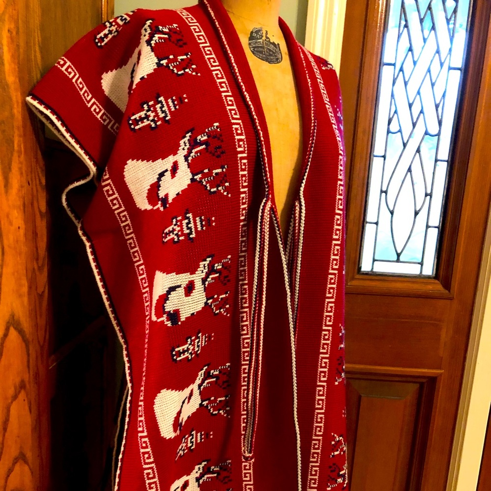 Vintage Made in Mexico red fringed poncho